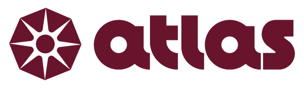The Atlas logo, featuring a dark burgundy geometric emblem on the left and the word 'atlas' in a matching dark burgundy sans-serif font on a solid white background.